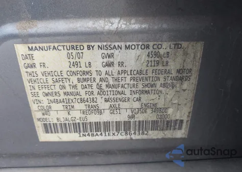 2007 Nissan Maxima 3.5 Sl z USA, uszkodzony, nr VIN 1N4BA41EX7C864382